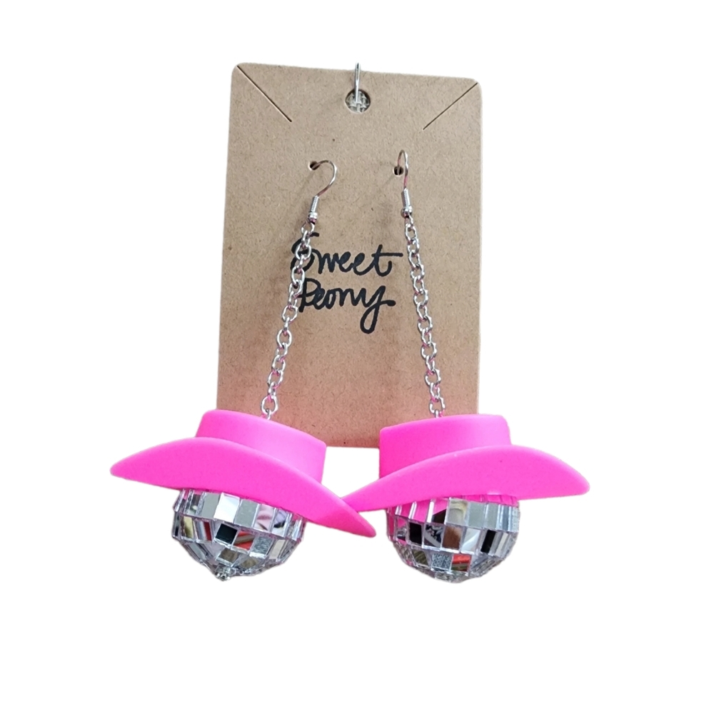 Disco Ball Cowgirl Hat Pink Barbie Dolly Nashville Country Maximalist Earrings